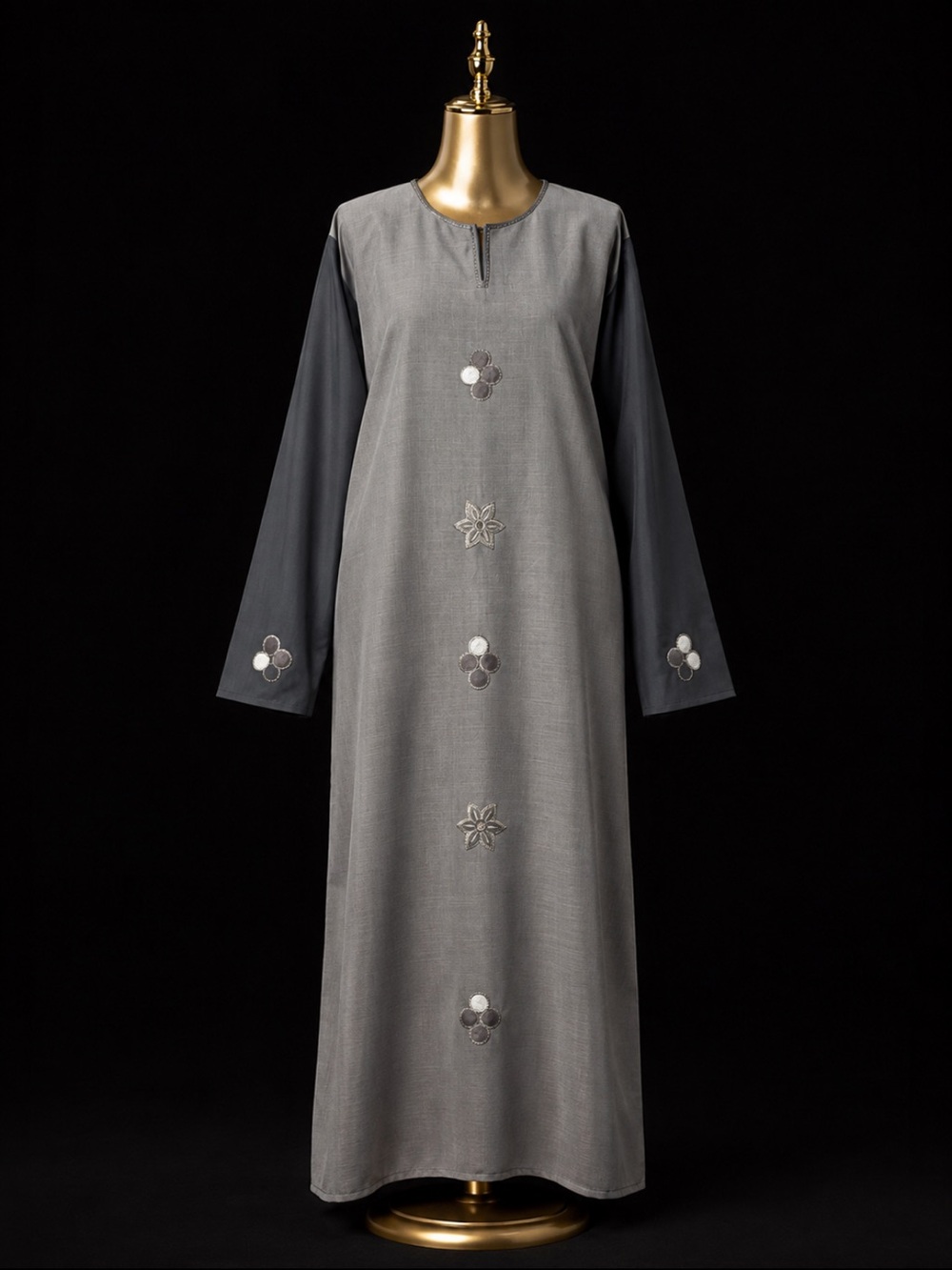 Classic Grey Embroidered Long-Sleeve Dress